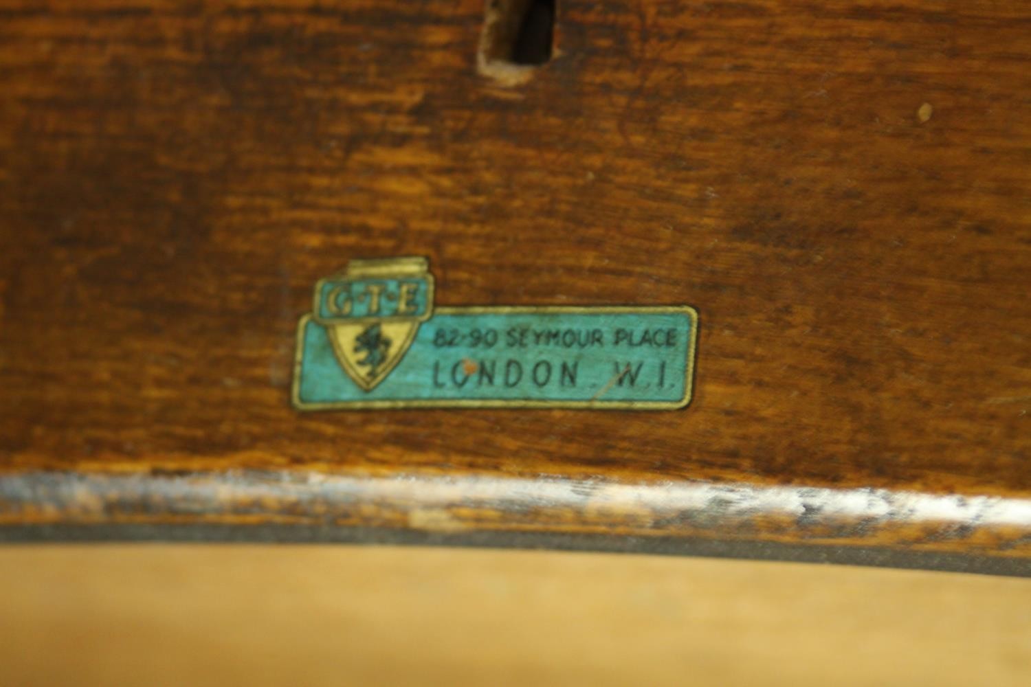 A circa 1940s oak desk, the rectangular top over two slides, and an arrangement of seven drawers - Image 8 of 8