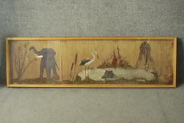 A framed and glazed mixed media collage of African animals at the watering hole. H.49 W.167cm.