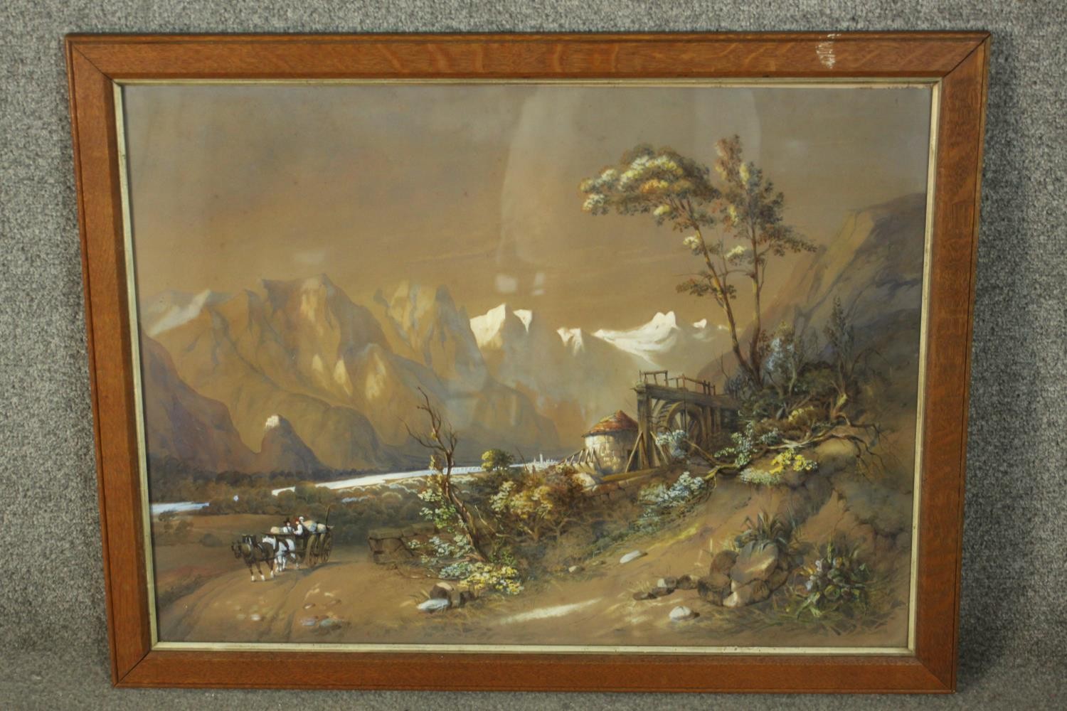 A mid 19th century school, Alpine landscape with a windmill, watercolour, indistictly signed and - Image 2 of 8