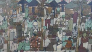 A framed and glazed batik painting of an African market scene. H.62 W.97cm