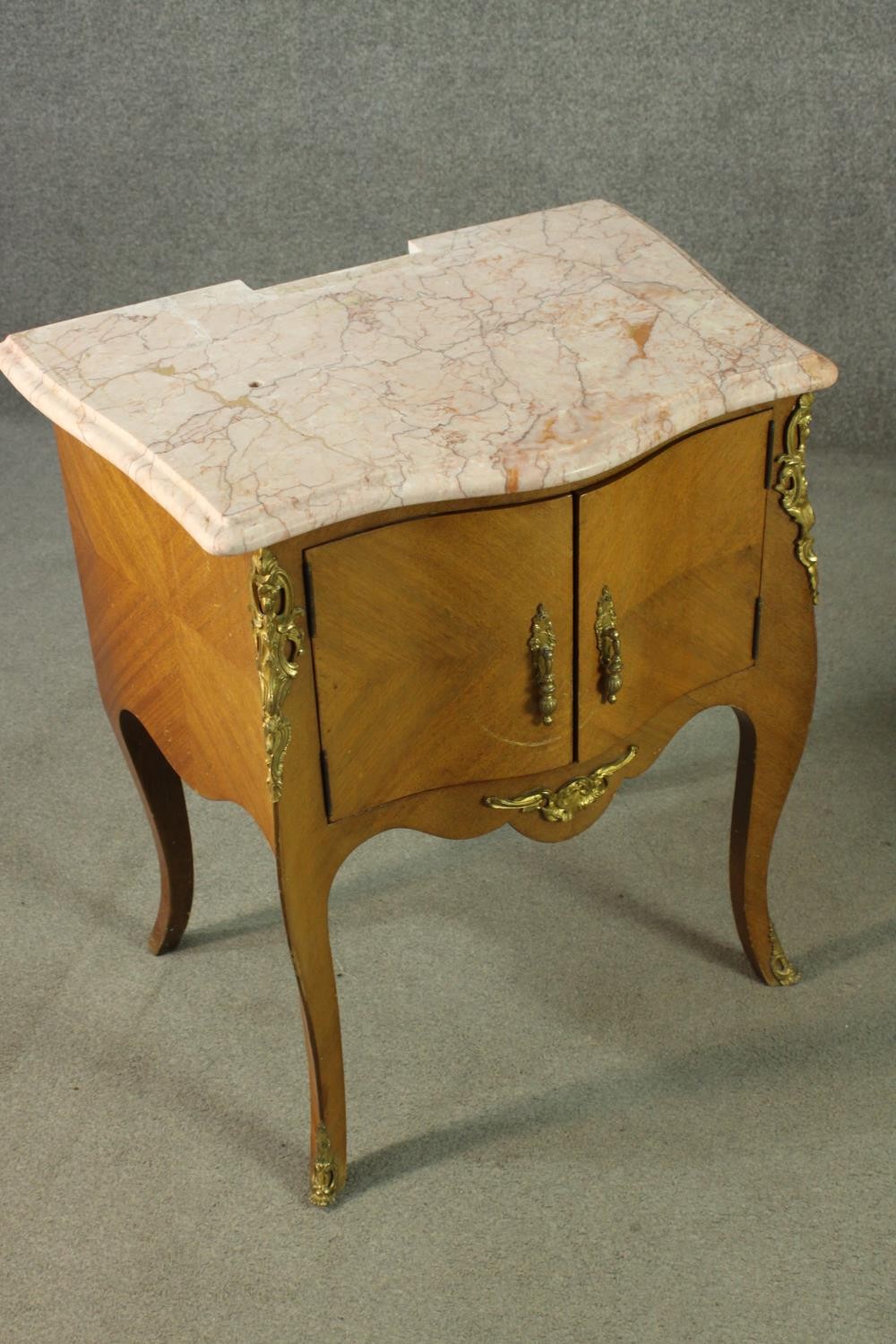 A pair of Louis XV style quarter veneered marble topped bedside tables, with serpentine marble - Image 4 of 16