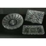 Three hand cut pieces of Victorian crystal, including a large sunray design bowl with star cut