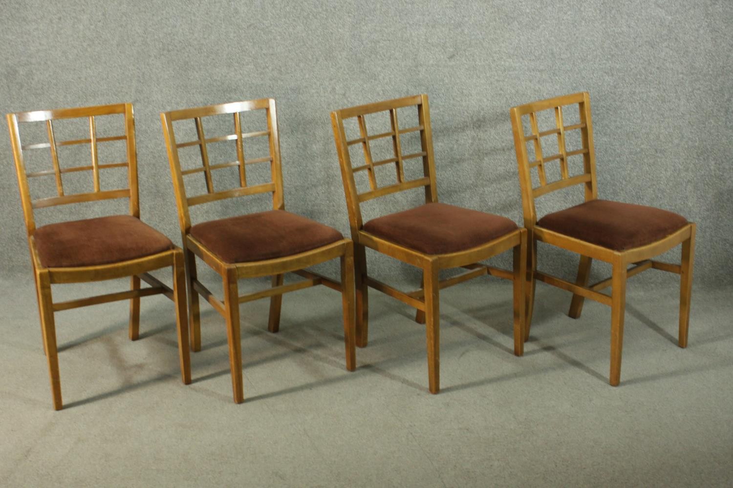 A set of vintage Heal's style dining chairs, with lattice backs, over a brown velour drop in seat, - Image 2 of 6