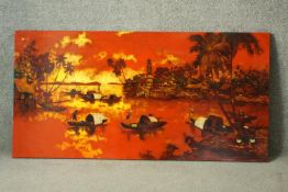 Oil on board, Asian fishermen with boats and pagoda in background at sunset, indistinctly signed.