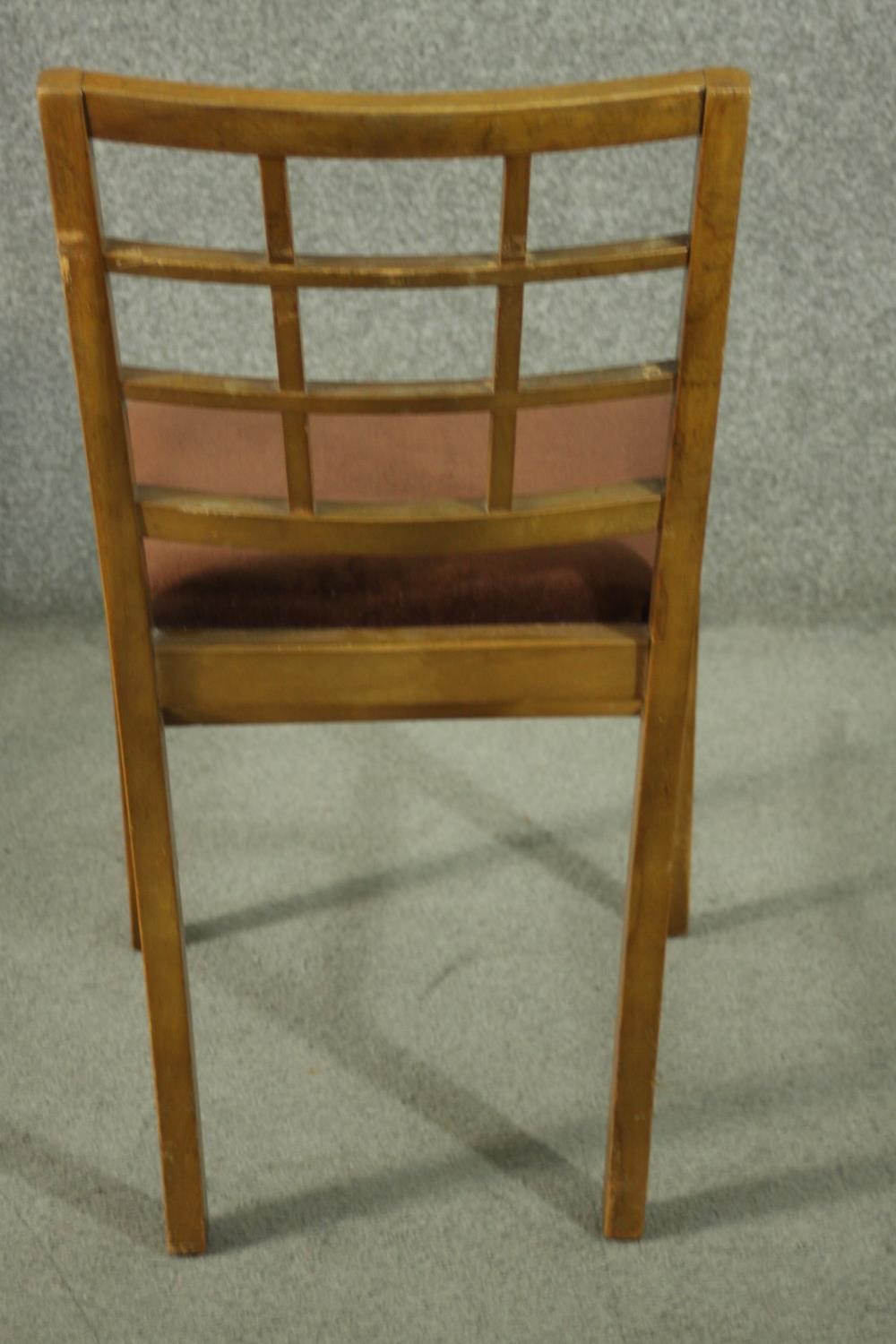 A set of vintage Heal's style dining chairs, with lattice backs, over a brown velour drop in seat, - Image 6 of 6