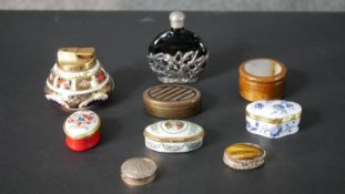 A collection of various trinket boxes, a Royal Crown Derby Imari design table lighter and blue glass