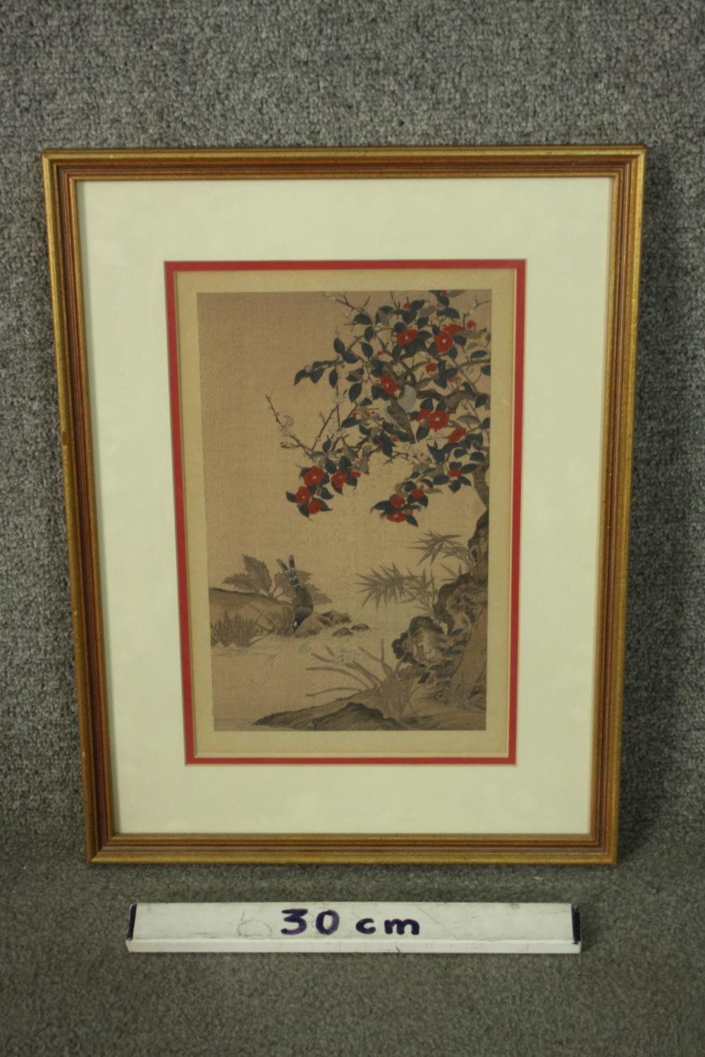 Wang Jeshui, Japanese woodblock print, "Crimson Camellias", label verso. H.49 W.37cm. - Image 2 of 8