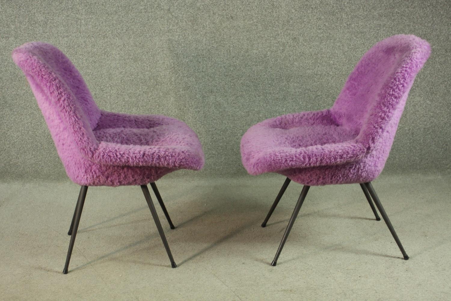 A pair of circa 1950s chairs, upholstered in shaggy purple fabric, on splayed powder coated metal - Image 4 of 7