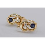 A pair of vintage Italian 18 carat yellow gold, sapphire and diamond earrings. Each earring set with