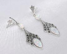 A pair of silver Marcasite and Opalite Art Deco style drop earrings. Stamped 925, with silver