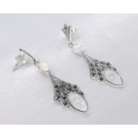 A pair of silver Marcasite and Opalite Art Deco style drop earrings. Stamped 925, with silver