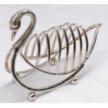 A silver plated toast rack in the form of a swan, with engraved detailing to the head. Sits on