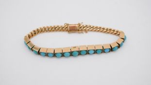 A Russian 9 carat yellow gold and turquoise articulated bracelet. Set with fifteen round turquoise