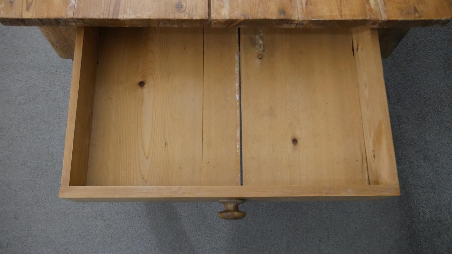 A Victorian pine kitchen table, the rectangular plank top over an end drawer with a knob handle, - Image 6 of 8