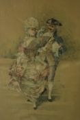 A gilt framed and glazed print on silk of a young couple in best dress. H.48 40cm.
