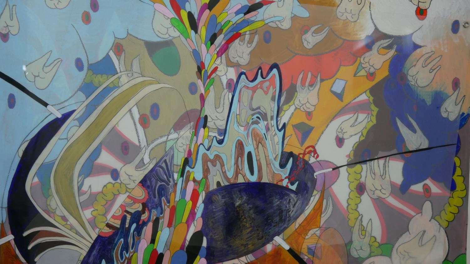 A framed and glazed large oil and pastel on layered plastic sheets, Pop Art style abstract study,