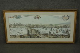 A large framed and glazed hand coloured engraving of a scene of the Thames with various places