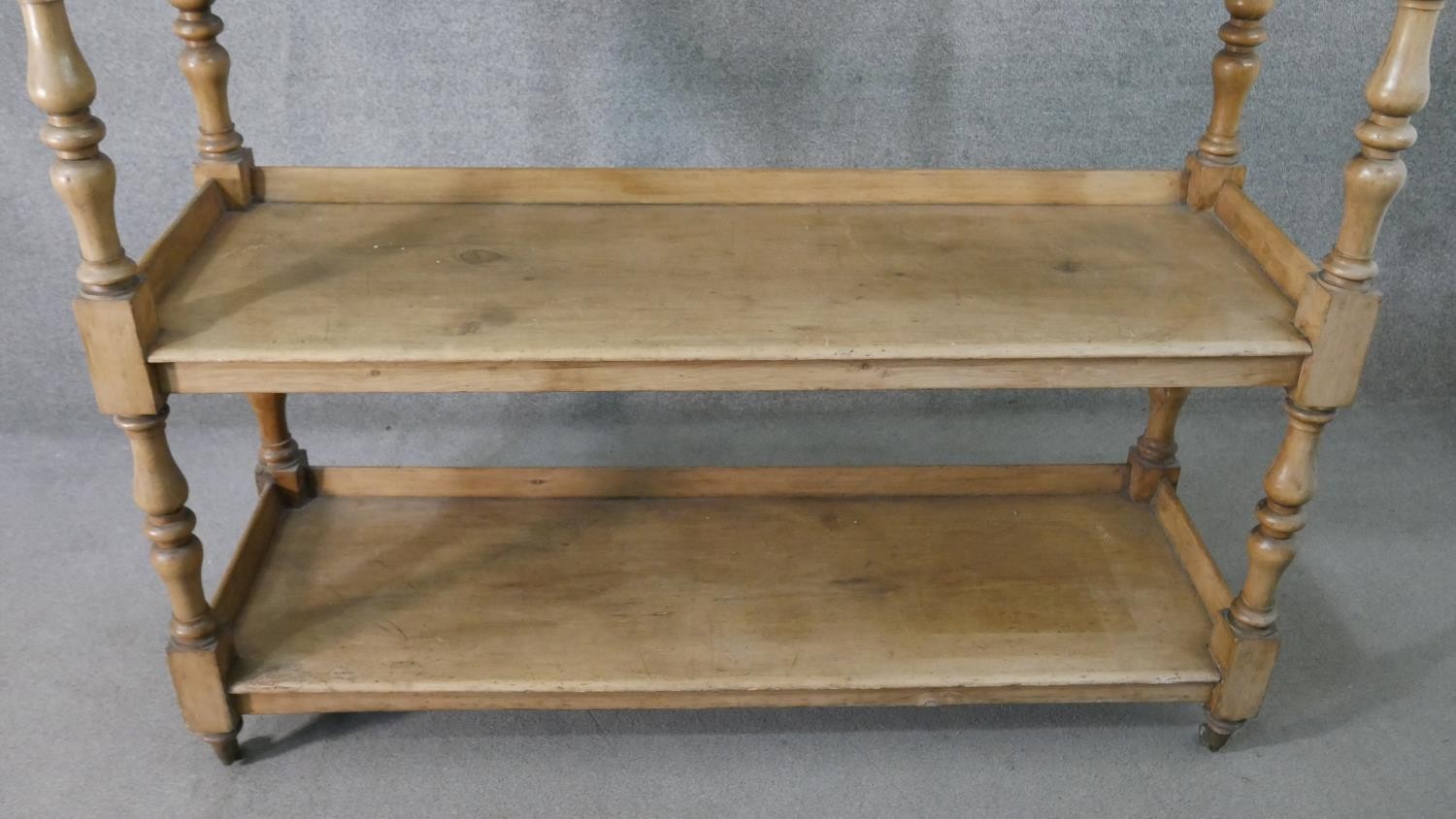 A Victorian pine whatnot, of rectangular form, the three shelves with gallery backs, on turned and - Image 3 of 6