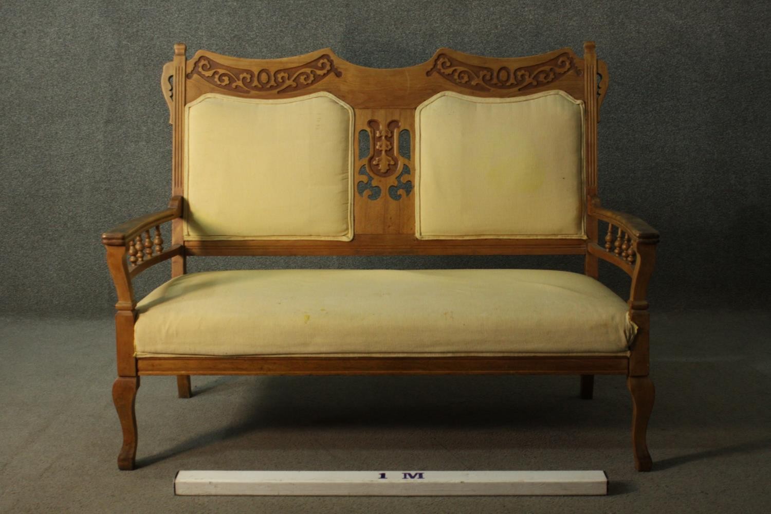 An Arts & Crafts fruitwood two seater sofa, the back rail carved with oak leaves and acorns, - Image 2 of 8