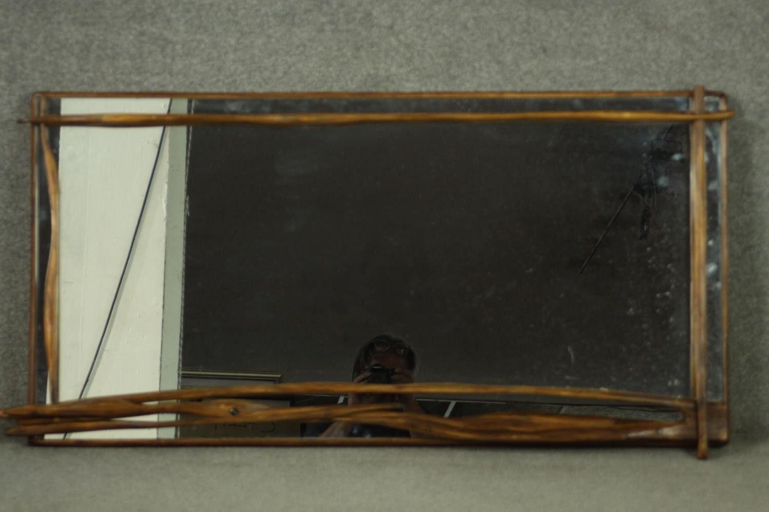 A contemporary designer driftwood wall mirror, signed and dated to the back. H.67 W.123cm. - Image 9 of 11