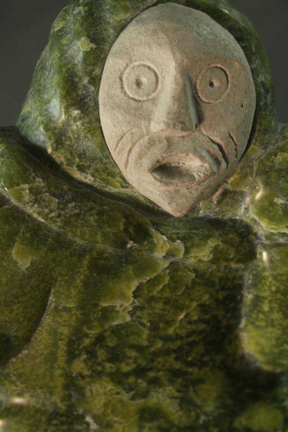 Aisa Amittu, Inuit, 1951, a carved green soapstone and granite drum dancer sculpture, with bone - Image 6 of 9