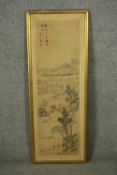 A framed and glazed Chinese 19th century watercolour of a mountain landscape with farmer, cart and