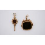 A Victorian 9 carat rose gold sardonyx and agate swivel fob along with an engraved gold plated watch