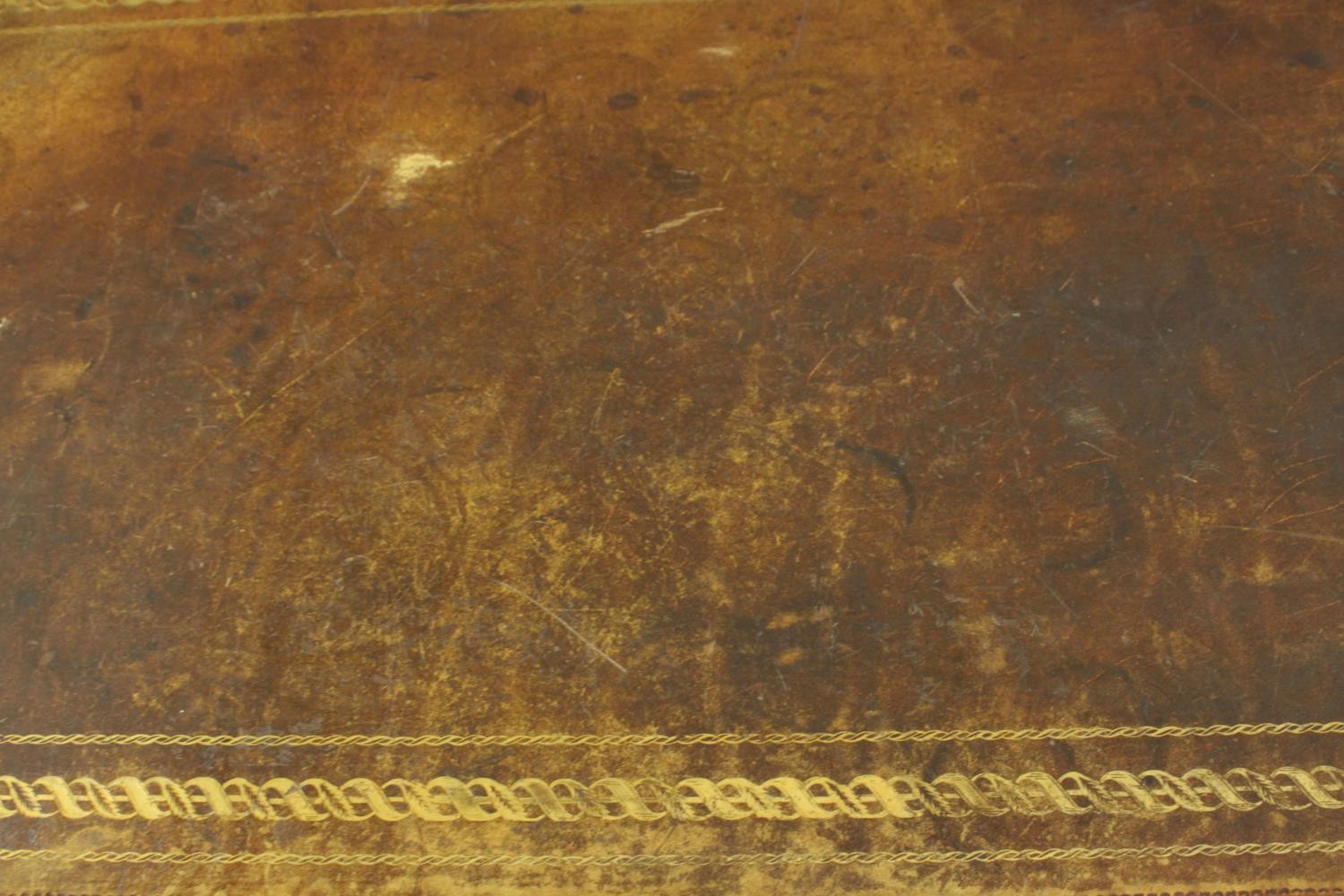 A walnut pedestal desk, with a tooled leather skiver over an arrangement of nine graduated - Image 6 of 8