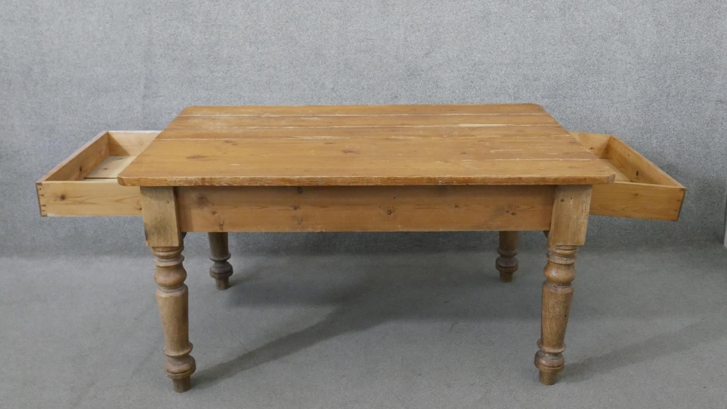 A Victorian pine kitchen table, the rectangular plank top over an end drawer with a knob handle, - Image 5 of 8