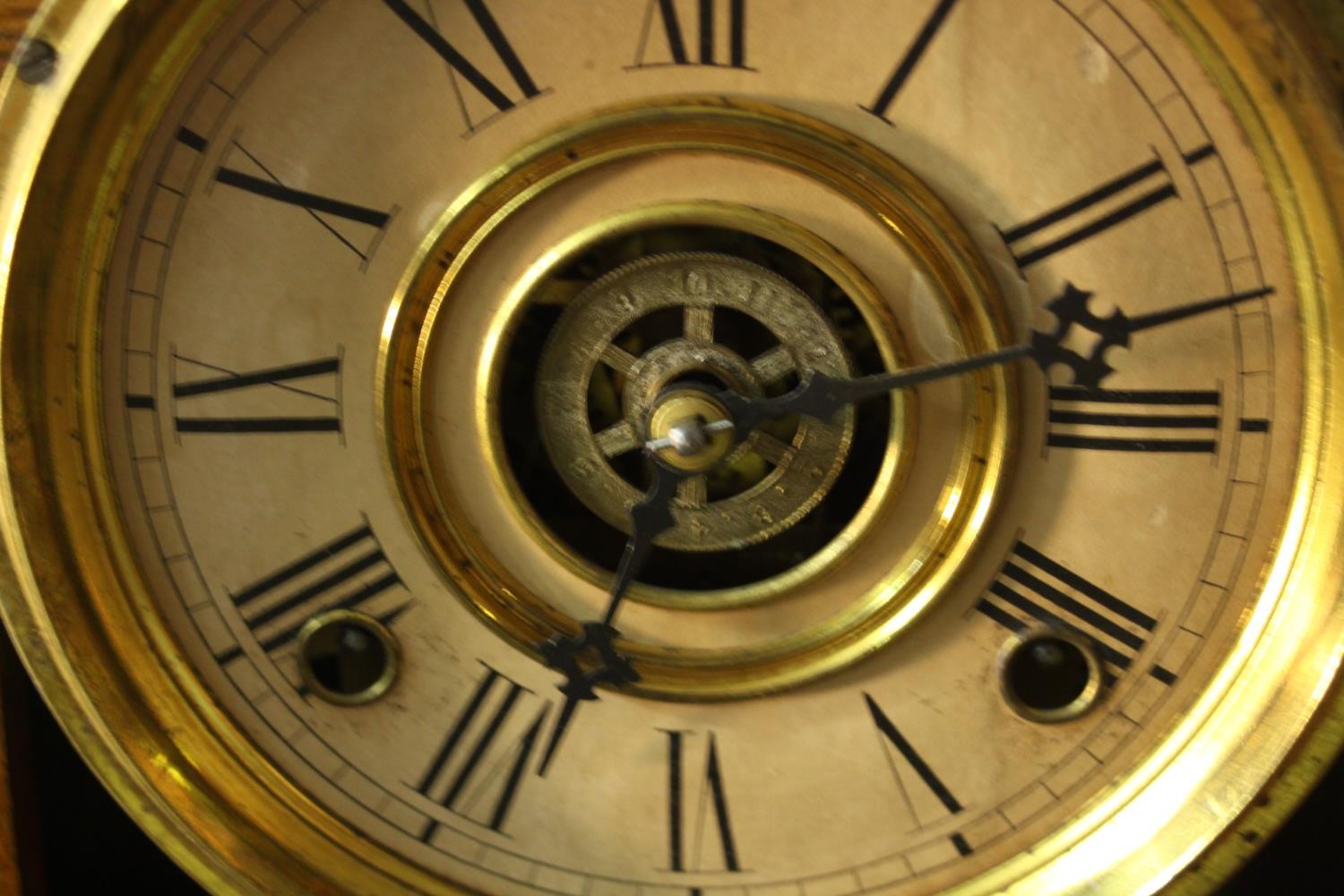 A late 19th century American Ansonia type oak cased mantel clock with eight day movement. H.52 W. - Image 7 of 7