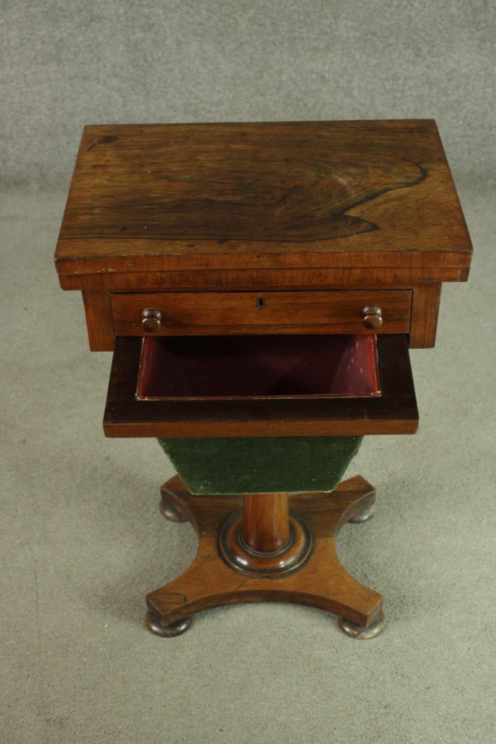 A Victorian rosewood games and sewing table, the rectangular fold out top with inlaid chess and - Image 9 of 9