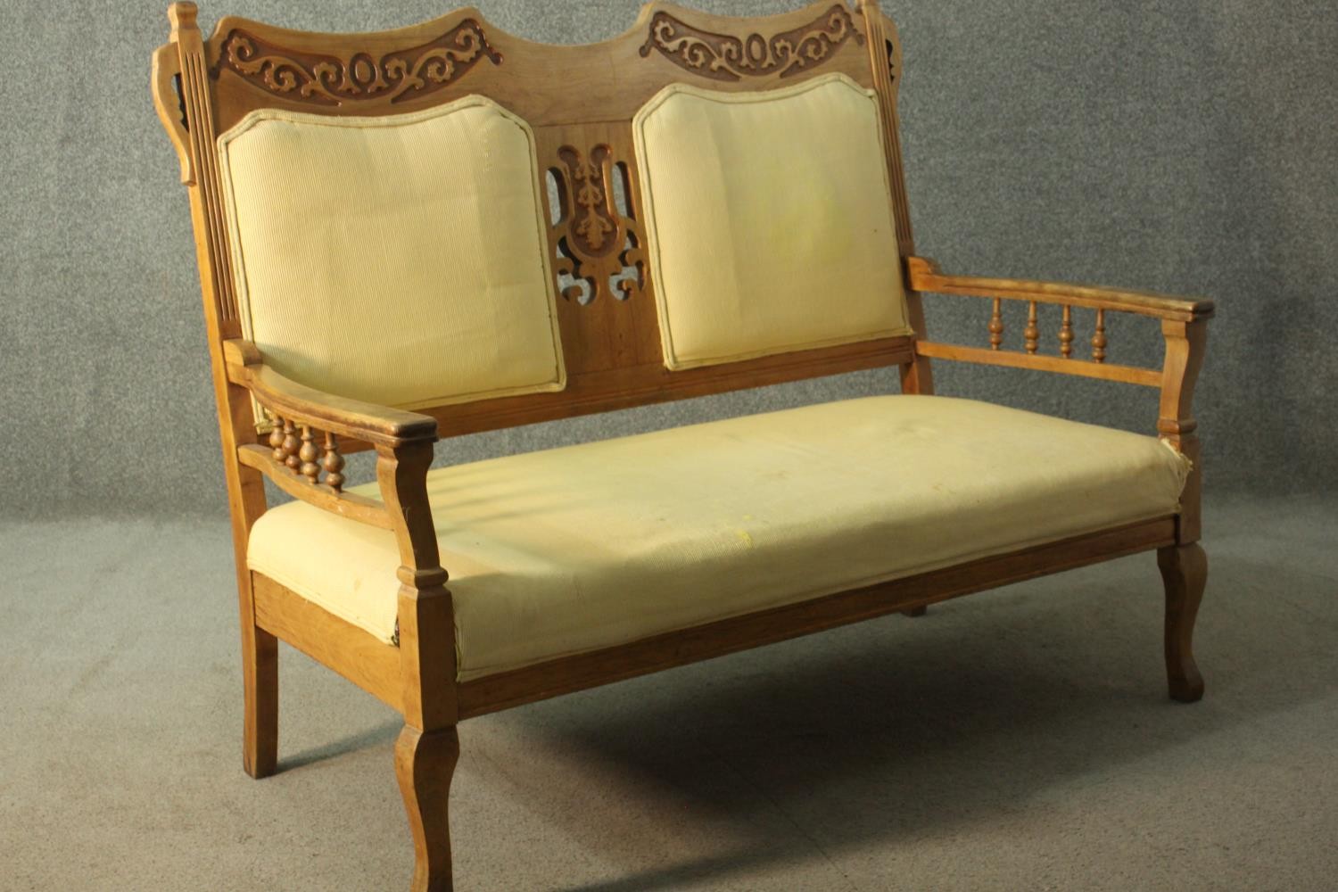 An Arts & Crafts fruitwood two seater sofa, the back rail carved with oak leaves and acorns, - Image 3 of 8