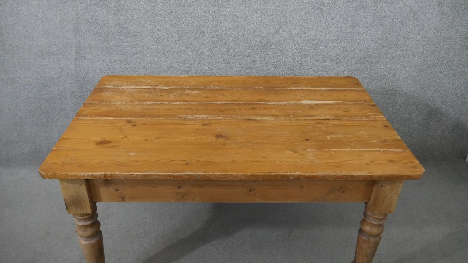 A Victorian pine kitchen table, the rectangular plank top over an end drawer with a knob handle, - Image 2 of 8