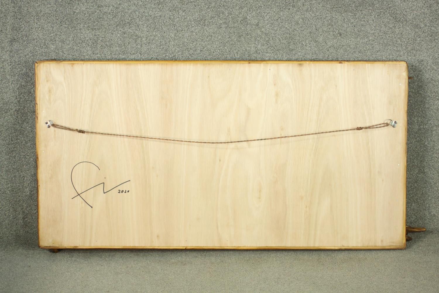 A contemporary designer driftwood wall mirror, signed and dated to the back. H.67 W.123cm. - Image 10 of 11