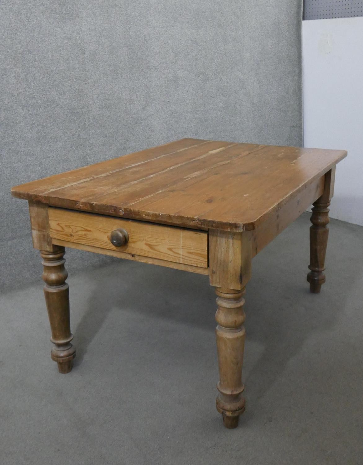 A Victorian pine kitchen table, the rectangular plank top over an end drawer with a knob handle, - Image 8 of 8