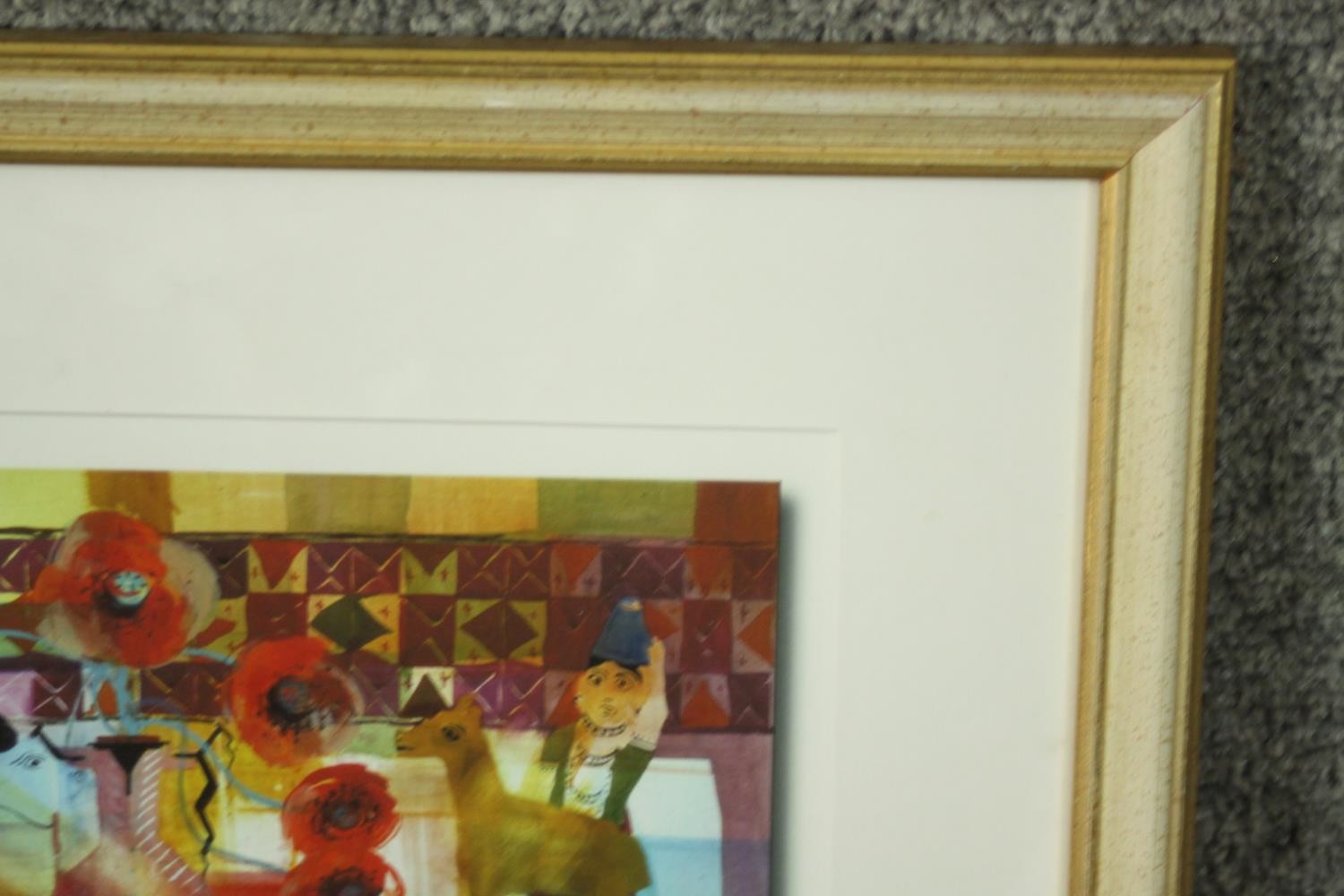 A framed and glazed print of a watercolour depicting figures and birds. Label verso. H.39 W.40cm. - Image 6 of 7