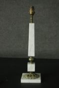 A white marble columnar table lamp, with brass mounts, on a square section base. H.46cm.