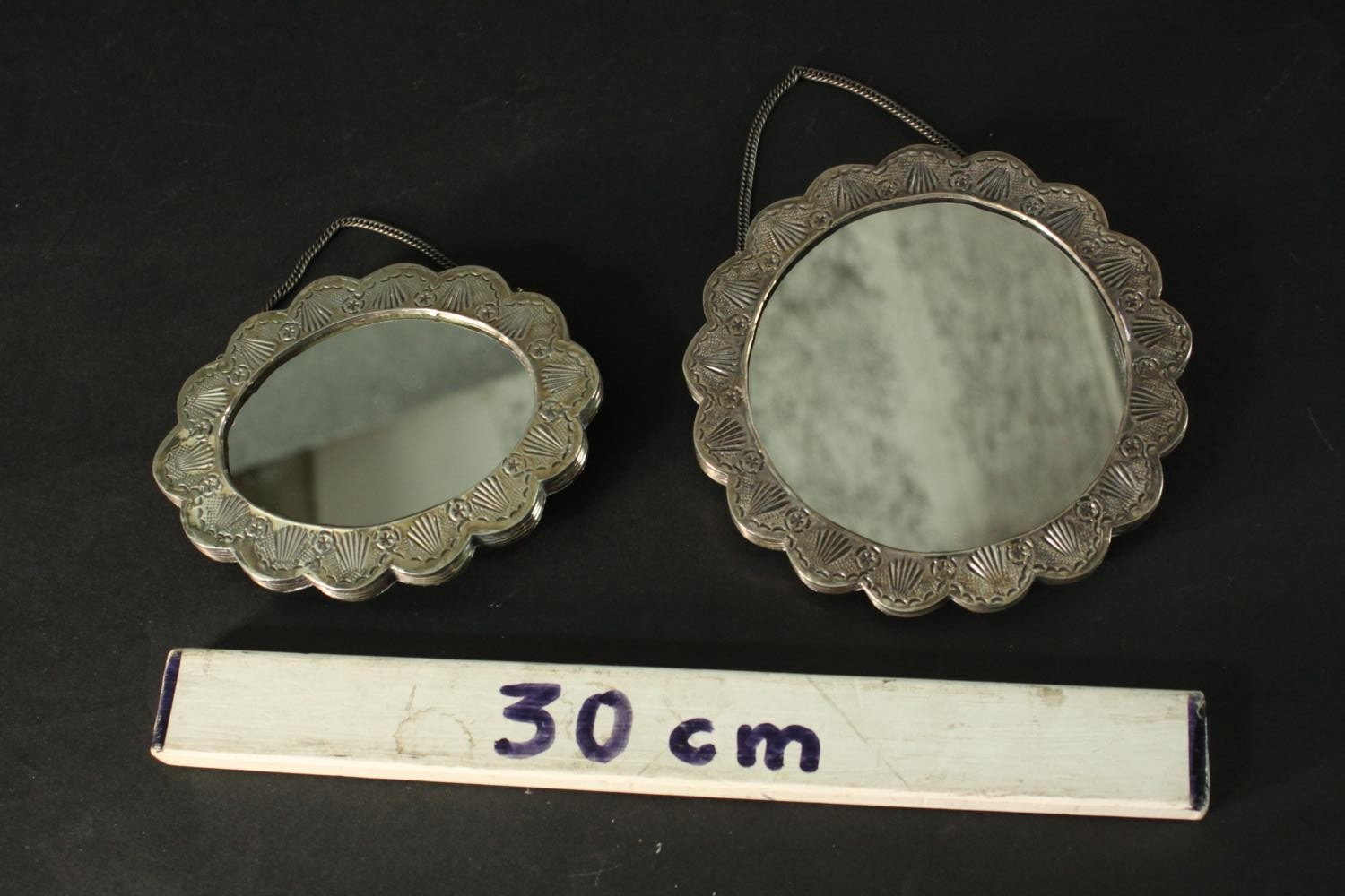 Two Turkish repousse design silver wedding mirrors with scalloped edges and raised floral and - Image 2 of 13