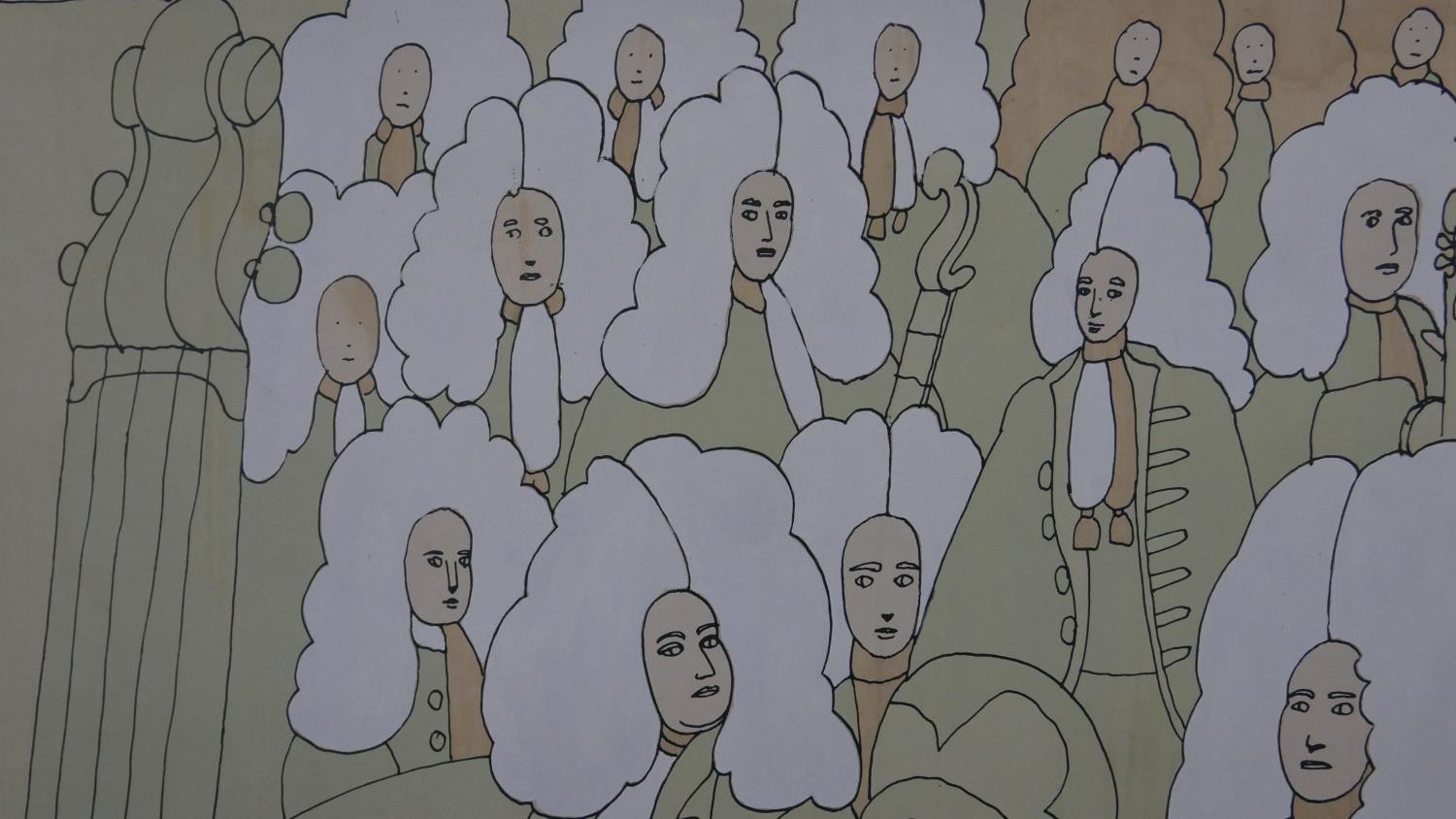Milton Glaser (1929-2020), acrylic on canvas of an orchestra of musicians wearing wigs with - Image 3 of 6