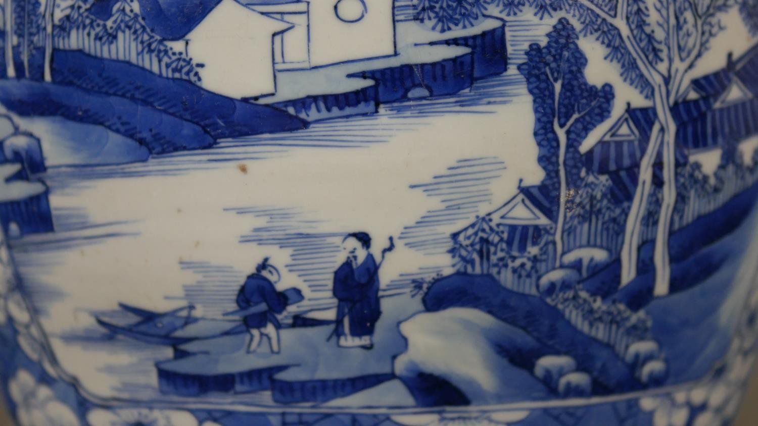 A Chinese blue and white porcelain vase of ovoid form, with two pictorial reserves, one depicting - Image 2 of 9