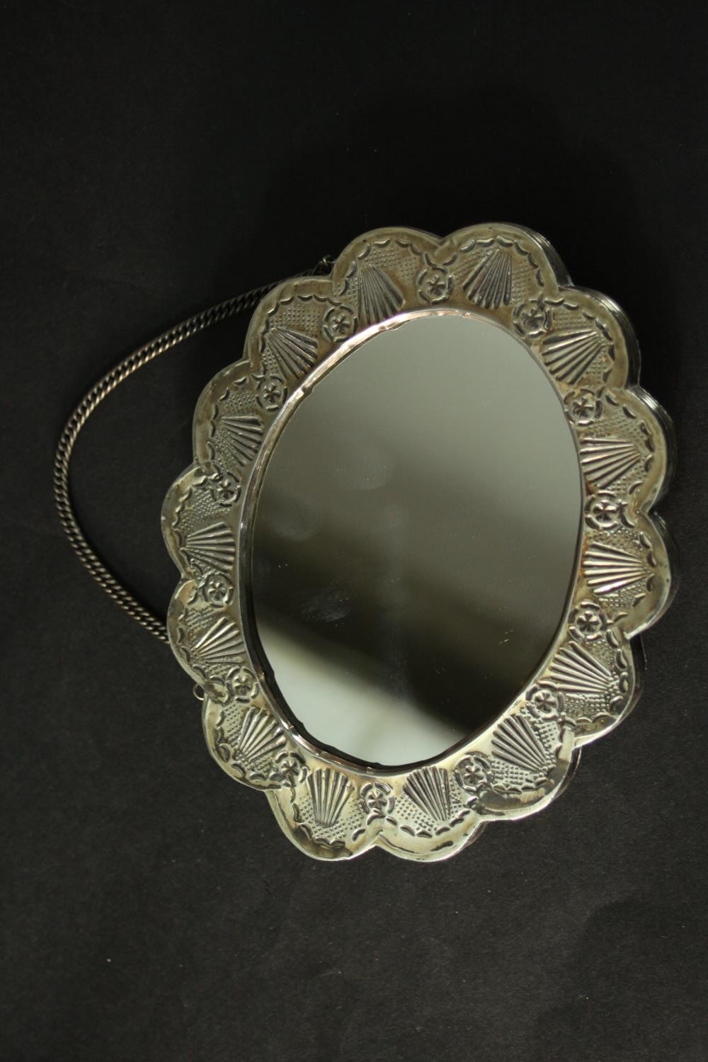 Two Turkish repousse design silver wedding mirrors with scalloped edges and raised floral and - Image 7 of 13