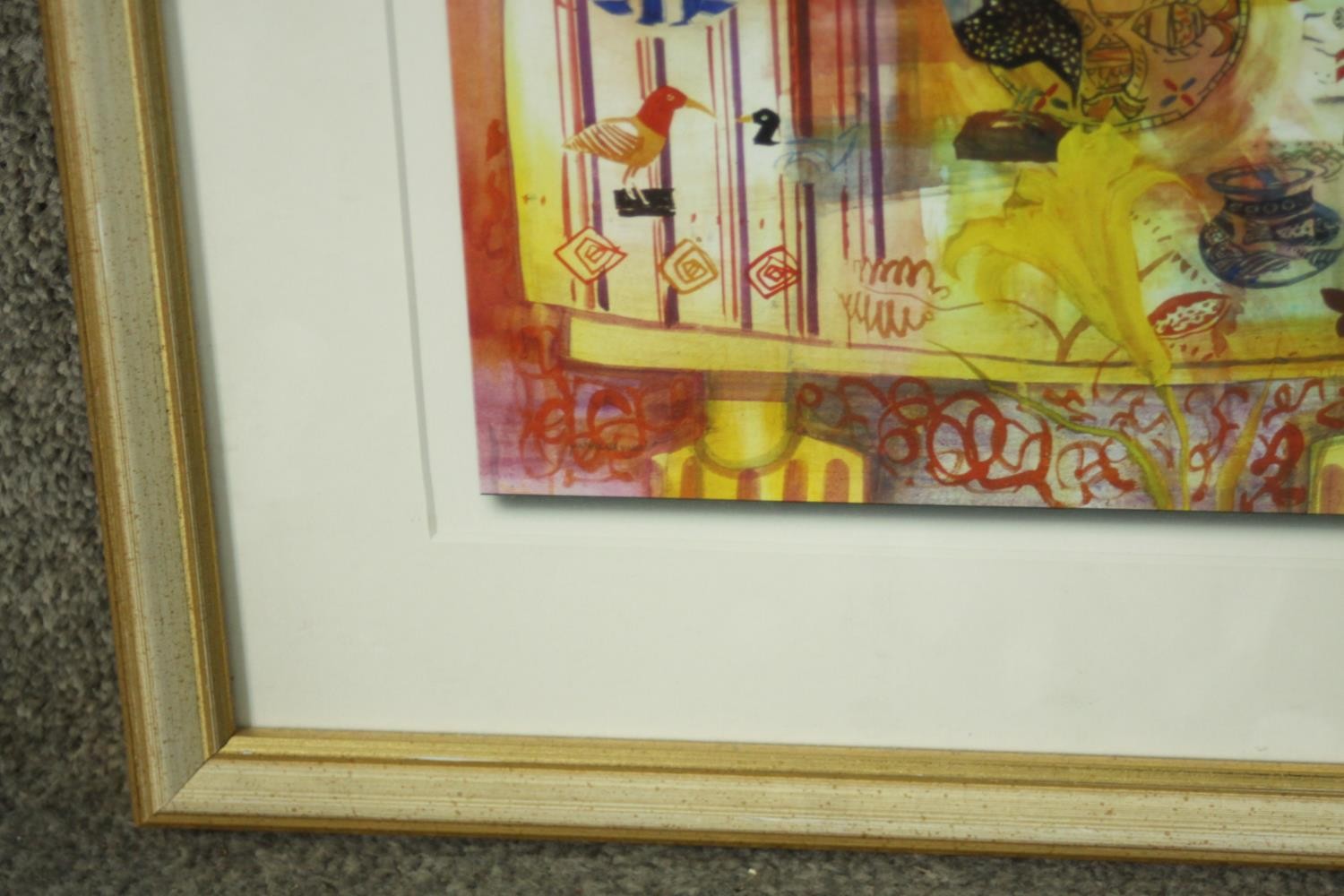 A framed and glazed print of a watercolour depicting figures and birds. Label verso. H.39 W.40cm. - Image 5 of 7