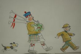 Michael Foreman (b.1938), illustration with a bagpipe player, watercolour and pen, signed lower