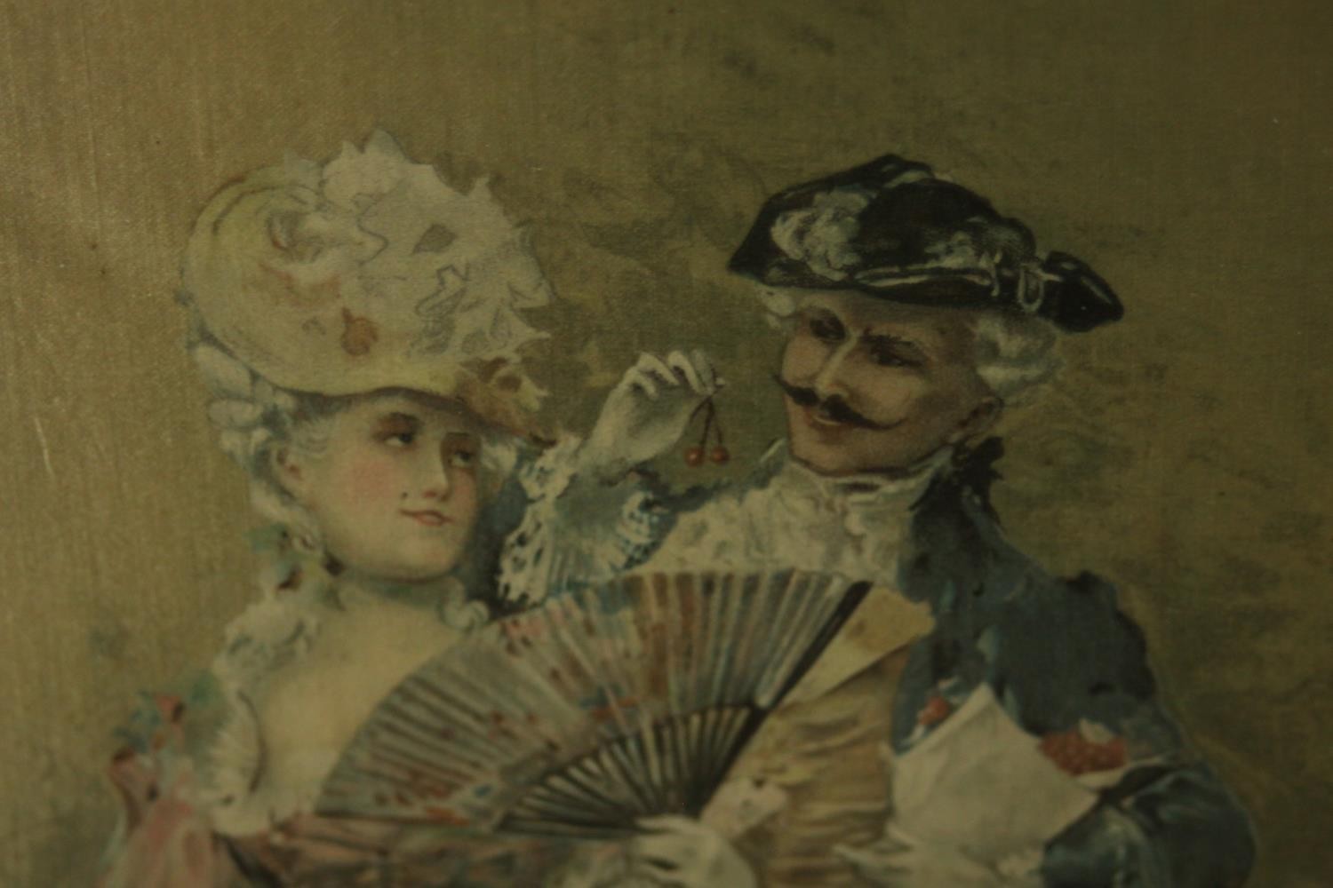 A gilt framed and glazed print on silk of a young couple in best dress. H.48 40cm. - Image 7 of 8