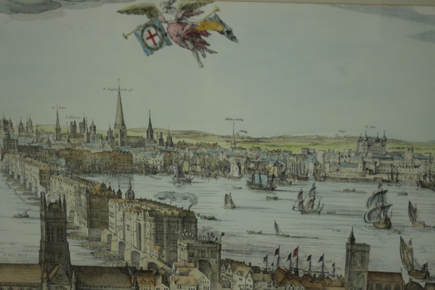 A large framed and glazed hand coloured engraving of a scene of the Thames with various places - Image 3 of 7