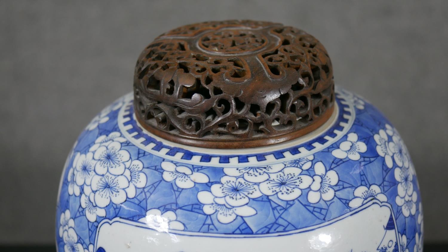 A Chinese blue and white porcelain vase of ovoid form, with two pictorial reserves, one depicting - Image 3 of 9