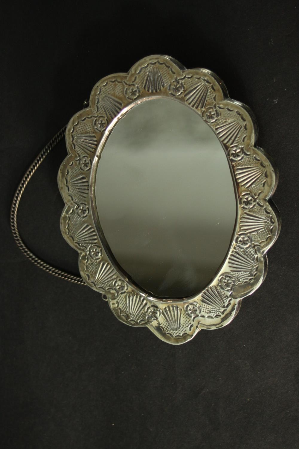Two Turkish repousse design silver wedding mirrors with scalloped edges and raised floral and - Image 6 of 13