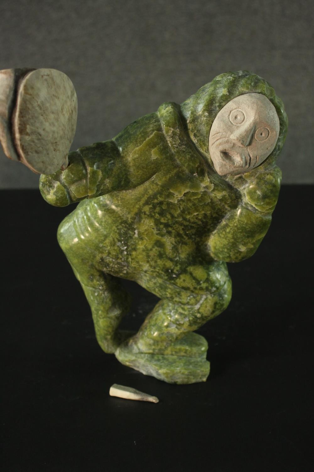 Aisa Amittu, Inuit, 1951, a carved green soapstone and granite drum dancer sculpture, with bone - Image 5 of 9
