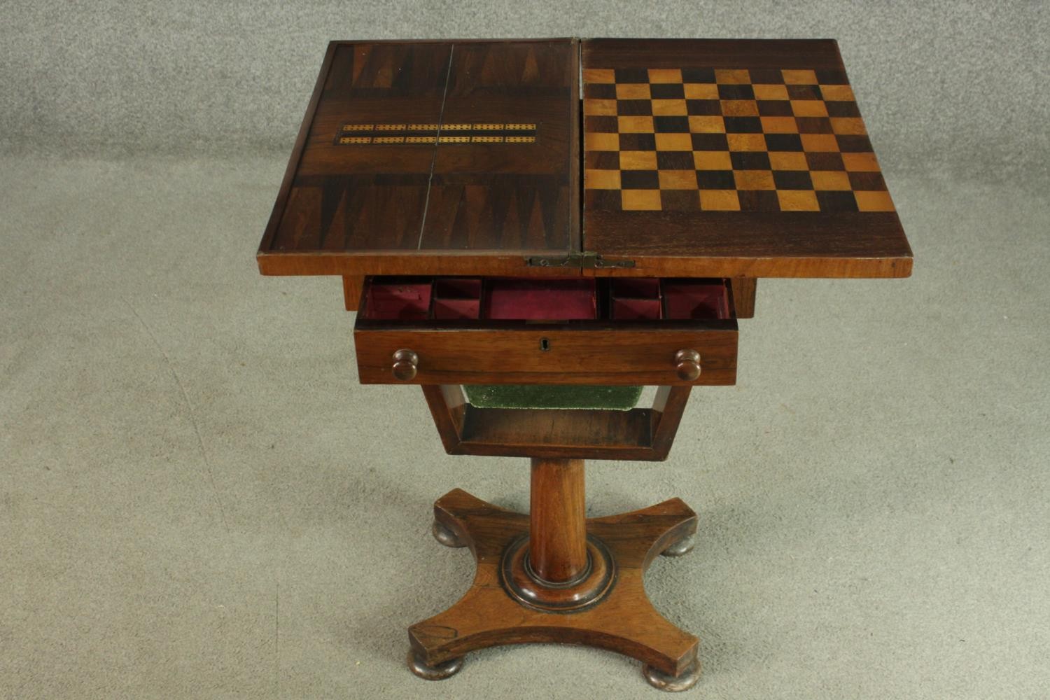 A Victorian rosewood games and sewing table, the rectangular fold out top with inlaid chess and - Image 6 of 9
