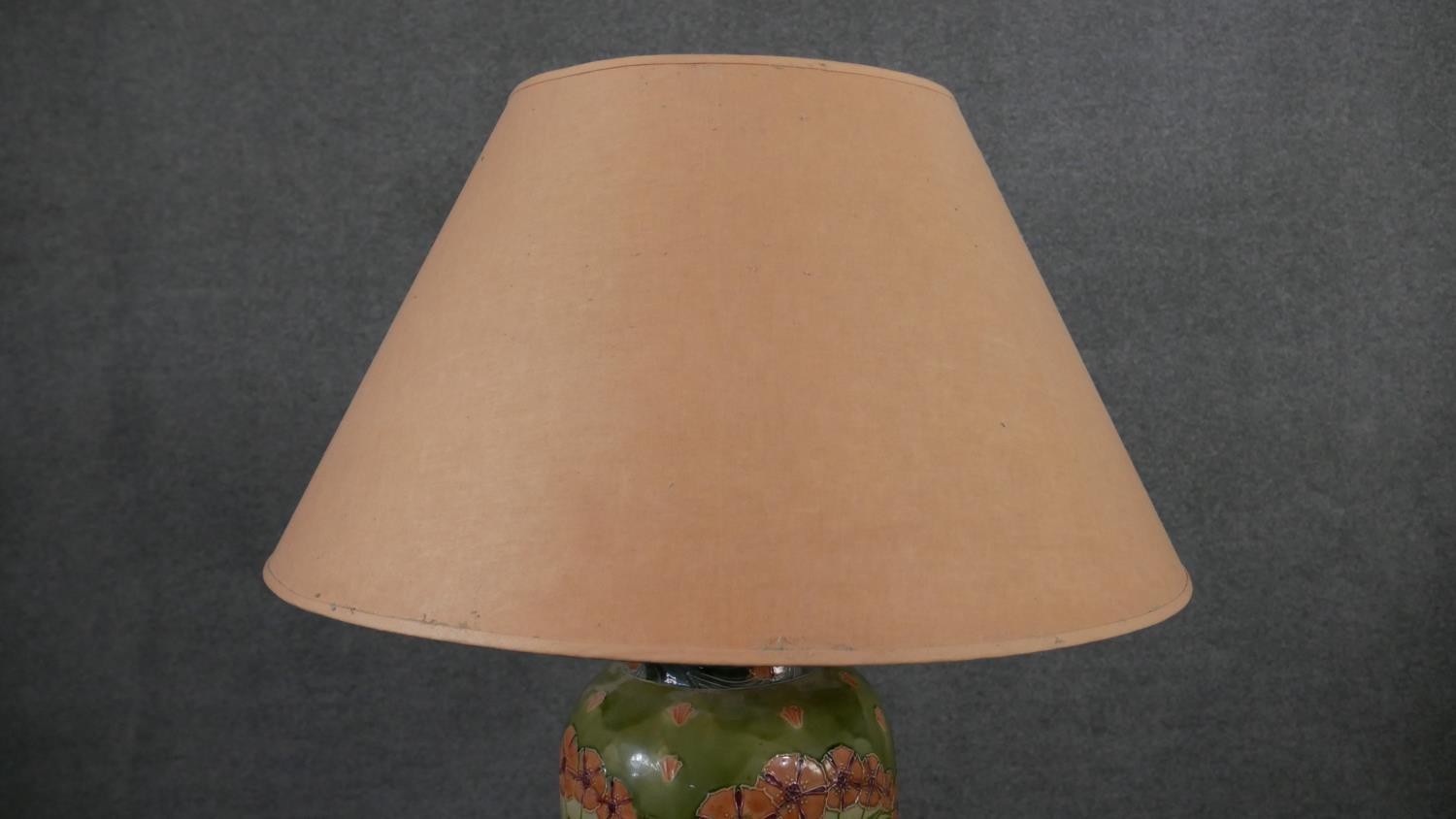 A pair of Minton Secessionist lamps with tube line stylised floral design on a green ground. Green - Image 6 of 8